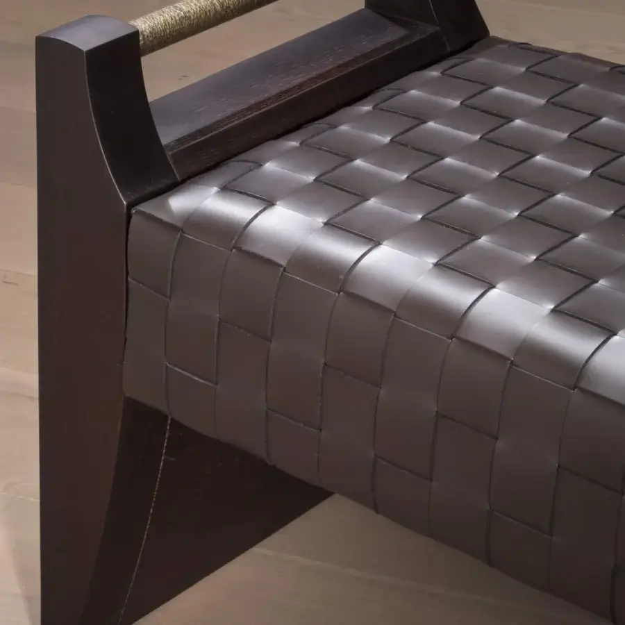 Refined Bellavista Odette bench with woven saddle-leather seat and dark brown finished solid ashwood frame