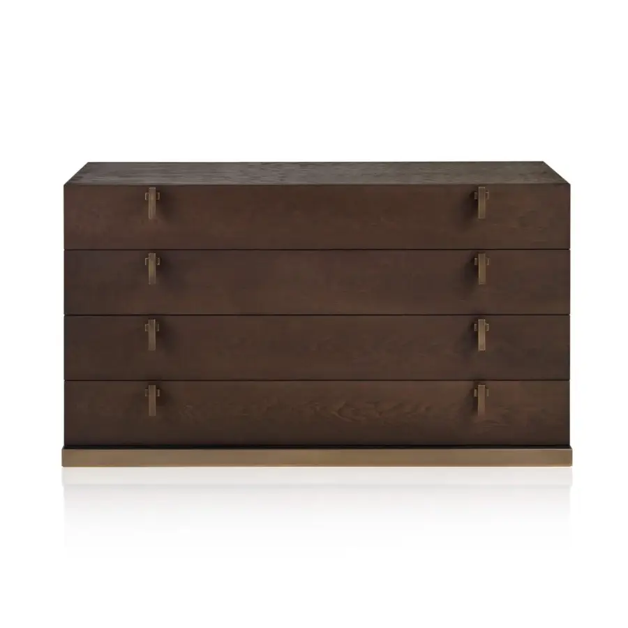 Exceptional Bellavista California nightstand & dresser crafted in dark brown wood with metal pulls and a brass base