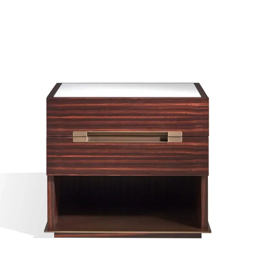 Distinguished Bellavista Esencial nightstand crafted from European wood with dark brown finish and bronze-toned brass handle