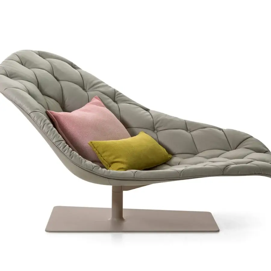 Exceptional Moroso Bohemian chaise lounge in light gray leather with powder-coated steel and colorful cushions