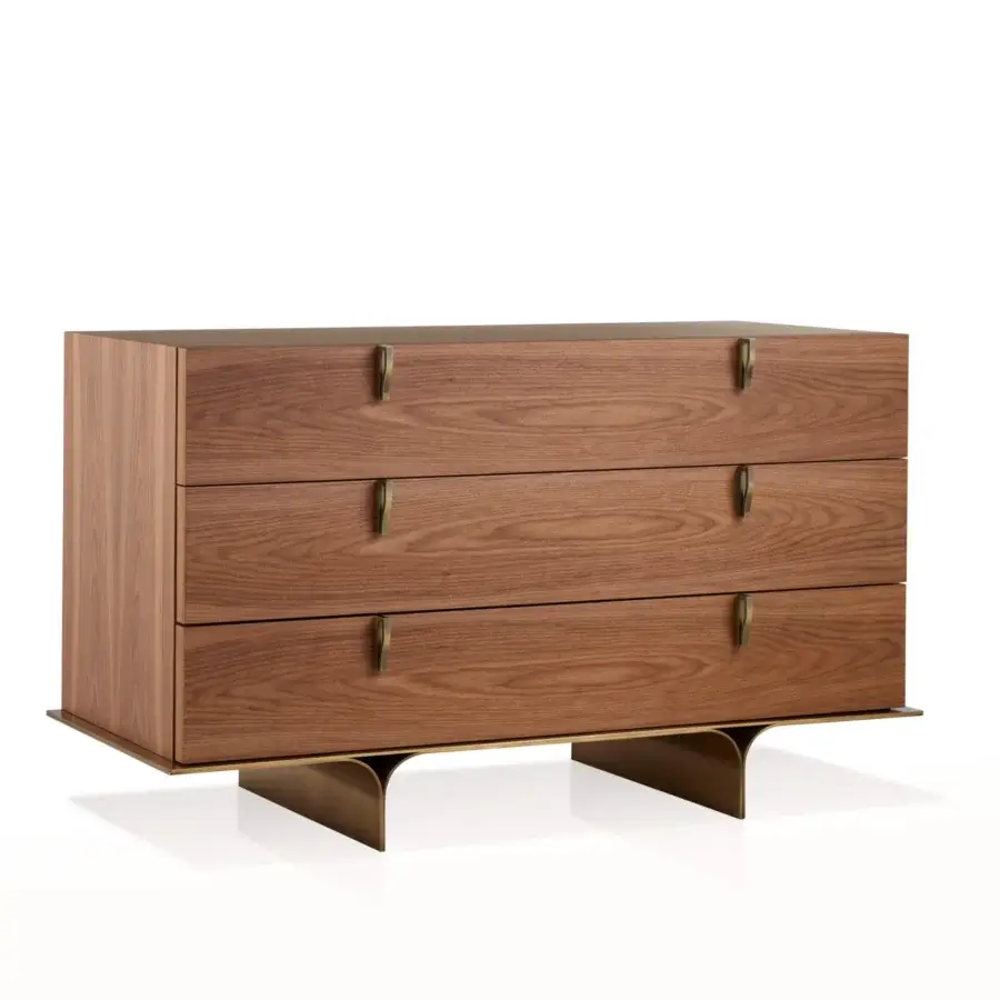 Elegant Bellavista Nelson nightstand and dresser in European wood veneer with a smooth medium brown finish and brass handles