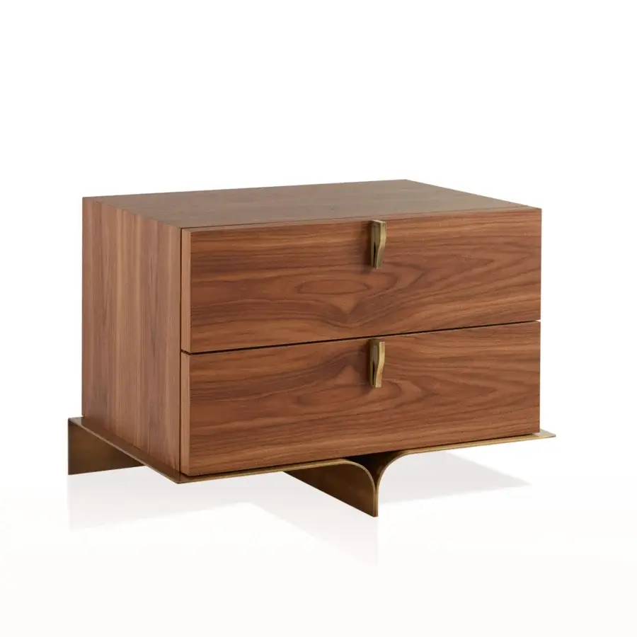 Distinguished Bellavista Nelson nightstand crafted in European wood veneer with brass handles and base, built with synchronized slides
