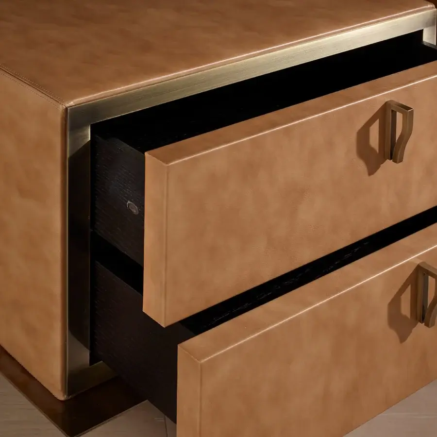 Superior Bellavista Nelson nightstand with tan leather and brass accents offering synchronized slides plus dark wood interiors