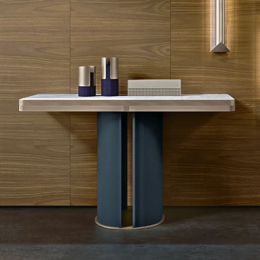 Exclusive Turri Zero console with light-colored top and dark blue cylindrical base clad in Italian leathers with platinum accents and glossy lacquered wood