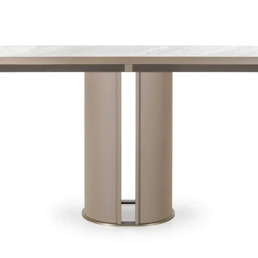 Distinguished Turri Zero console with glossy light marble top and dark lacquered wood framing a cylindrical leather-clad base