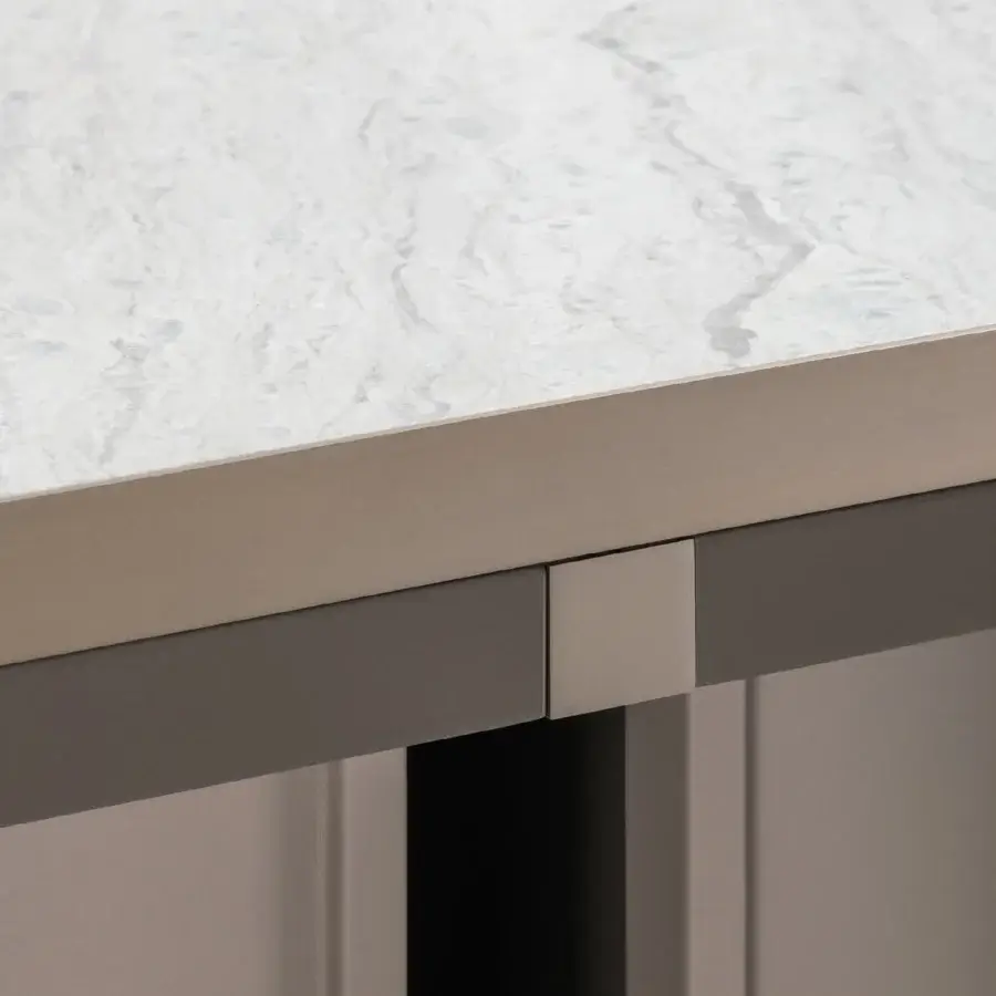 Superior Turri Zero console with marble-patterned top and cylindrical base clad in Italian leathers with platinum accents