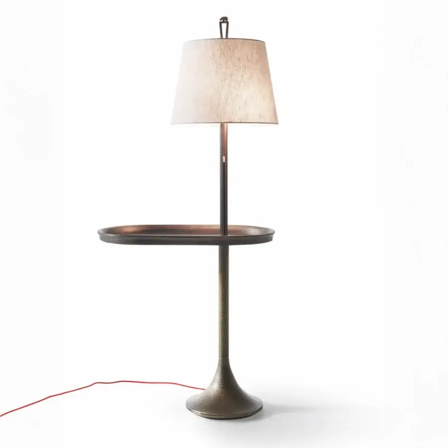 Refined Bellavista Carol floor lamp with linen lampshade and hand-hammered cast brass in a textured bronze-like finish