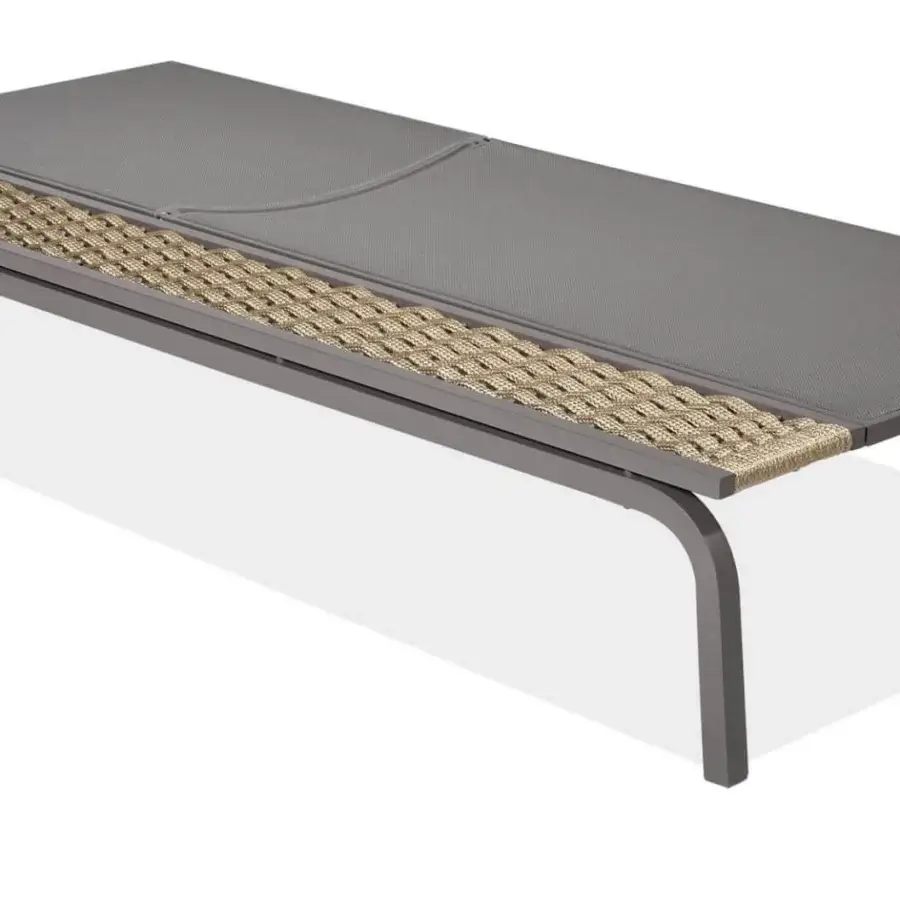 Lavish Roberti Rattan Portofino lounger with a matte gray aluminum frame and light brown Nautic Rope woven panel in gray Batyline textile