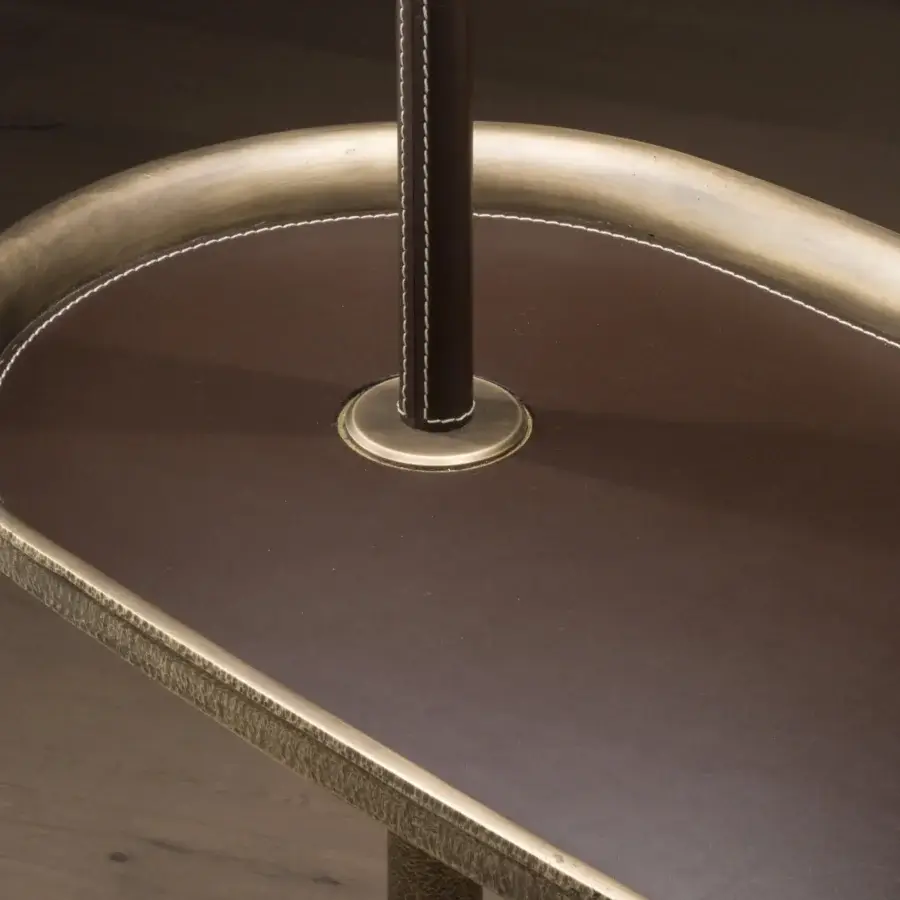 Distinguished Bellavista Carol floor lamp with linen lampshade, crafted in hammered cast brass with a saddle leather tray