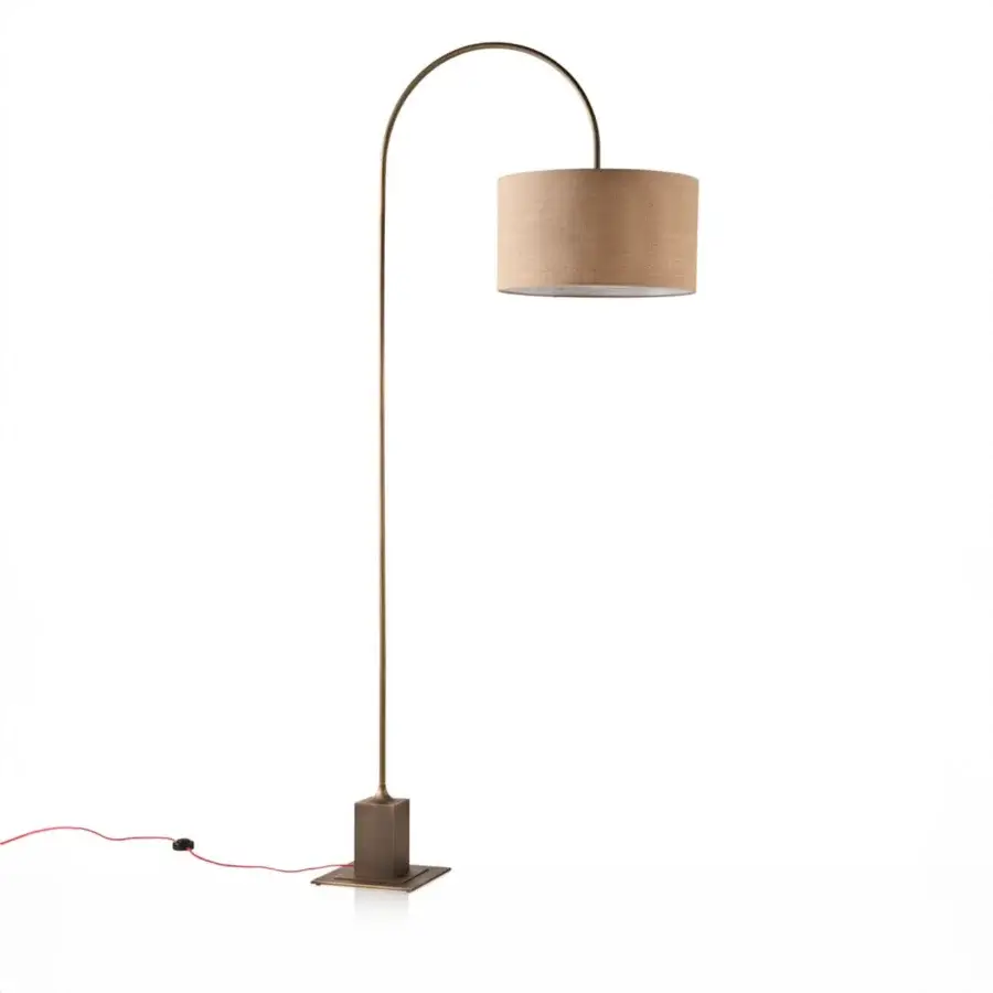 Superior Bellavista Isabella floor lamp with brass structure, bronze finish and cylindrical Raffia textile lampshade with red cord detail