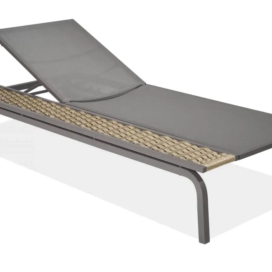 Elegant Roberti Rattan Portofino lounger with sleek aluminum frame and tan Nautic Rope woven side panel in medium gray Batyline fabric