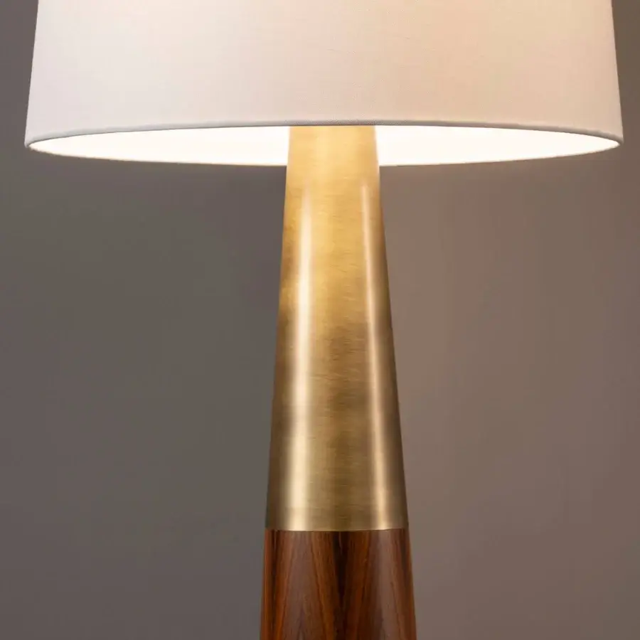 Distinguished Bellavista Palmareal floor lamp crafted in European wood veneer with brass accents and linen lampshade