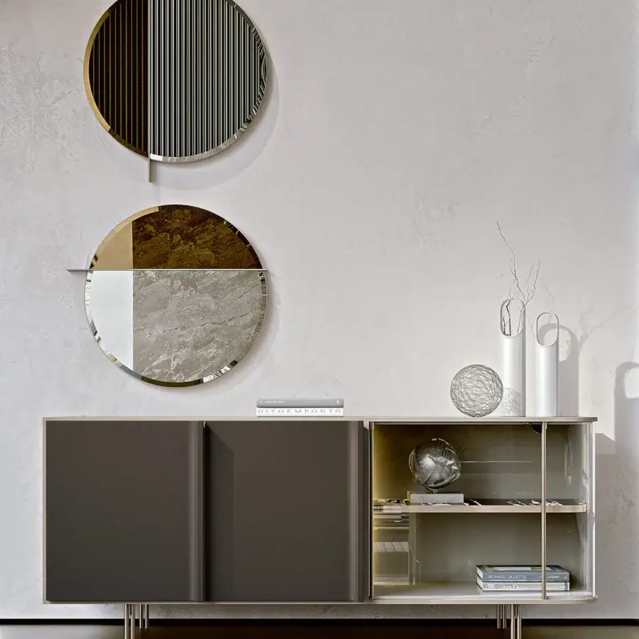 Exceptional Turri Zero mirror with a round glossy lacquered wood frame bisected by a metal line in bronze and clear segments