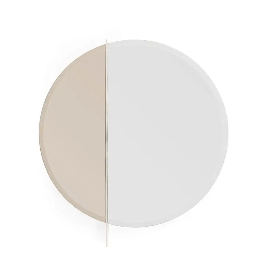 Distinguished Turri Zero mirror with a round glossy lacquered wood structure bisected by a delicate metal line in light beige and clear reflection