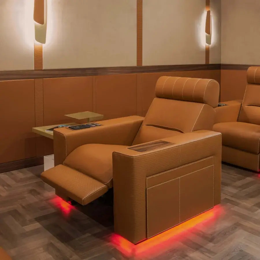 Exceptional Formitalia Dustin home cinema seating in tan leather with lacquered base and wood veneer accents