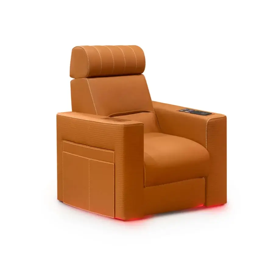 Lavish Formitalia Dustin home cinema seating in caramel leather-like material with wood veneer inserts and lacquered base