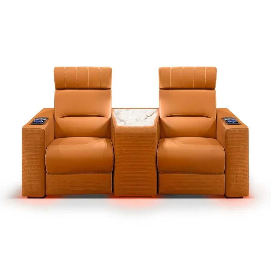 Superior Formitalia Dustin home cinema seating in warm tan synthetic leather with white stitching and wood veneer accents