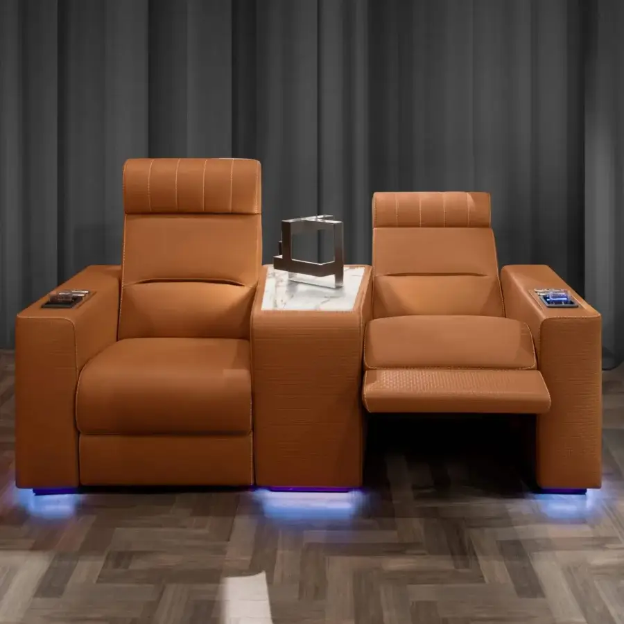 Distinguished Formitalia Dustin home cinema seating in light brown textured synthetic material with lacquered base and marble topped table