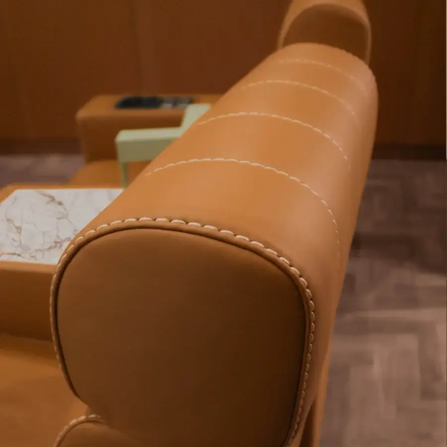 Superior Formitalia Dustin home cinema seating upholstered in tan material with lacquered base and wood veneer accents