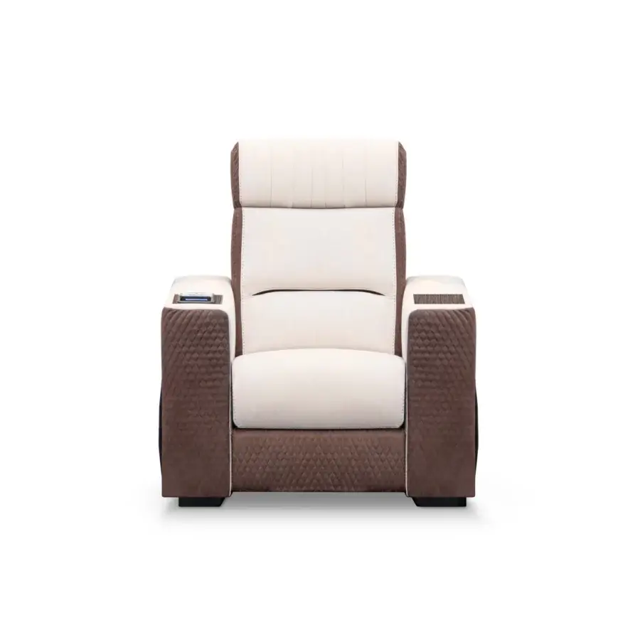 Exceptional Formitalia Dustin home cinema seating in light beige textile and quilted brown leather with lacquered base