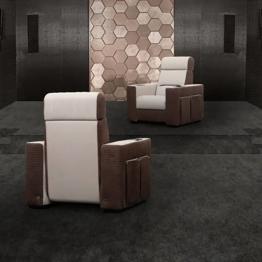 Lavish Formitalia Dustin home cinema seating in contrasting brown textile and off-white leather with lacquered base and wood veneer inserts