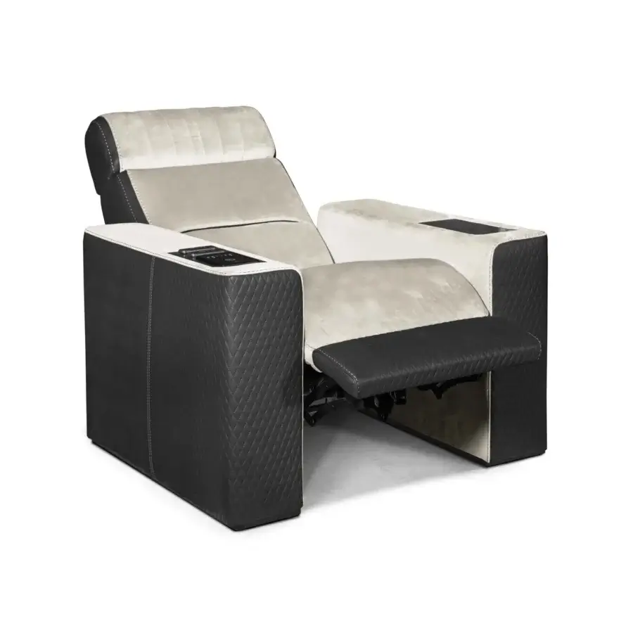 Superior Formitalia Dustin home cinema seating in light beige fabric with black lacquered accents and marble topped center table