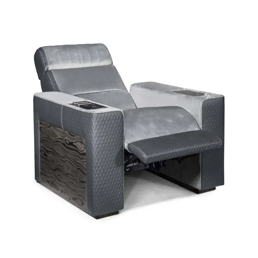 Distinguished Formitalia Dustin home cinema seating in light gray textile with diamond stitching and dark wood veneer accents