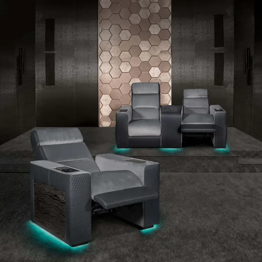 Exclusive Formitalia Dustin home cinema seating in gray textile with dark synthetic accents and glossy wood veneer