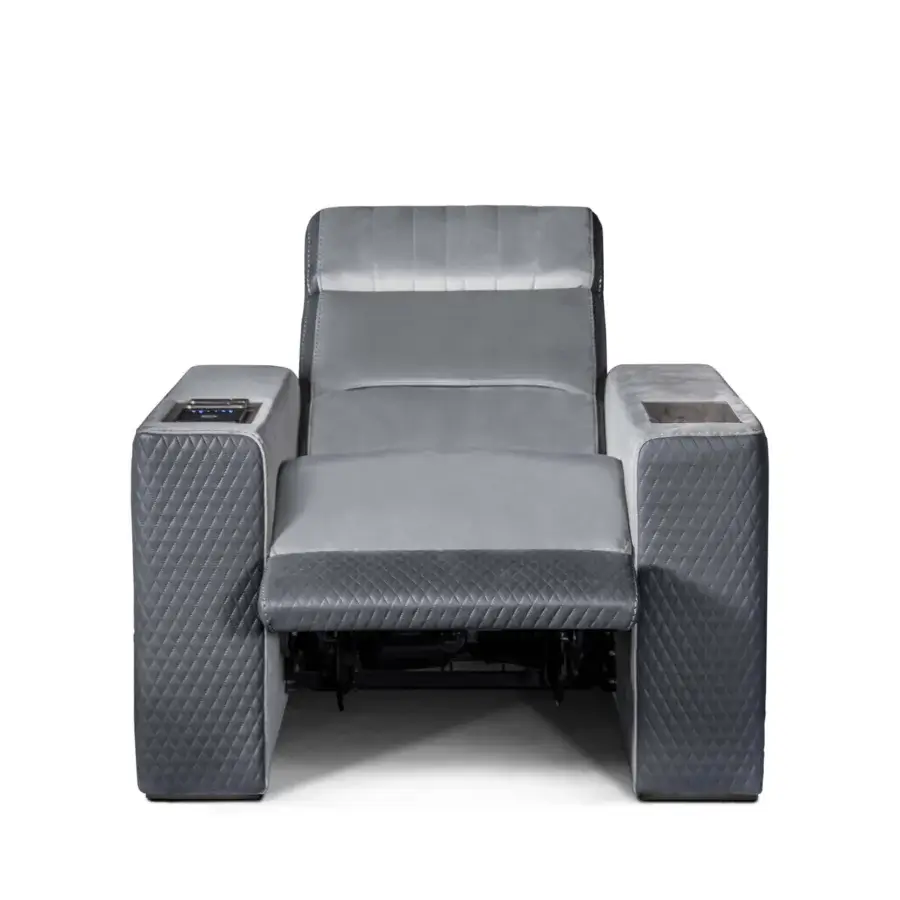 Superior Formitalia Dustin home cinema seating in gray textile with quilted diamond pattern and lacquered base