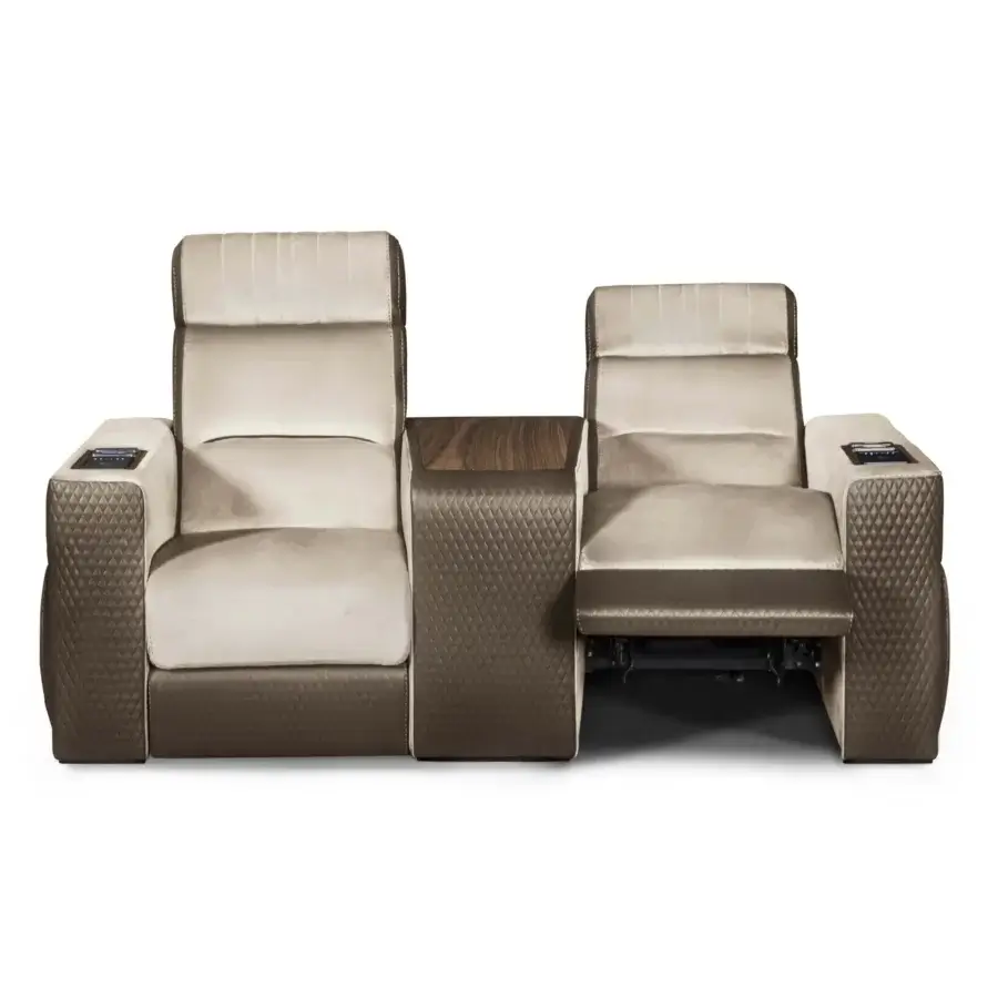 Distinguished Formitalia Dustin home cinema seating upholstered in light beige textile with darker brown quilted accents and lacquered base