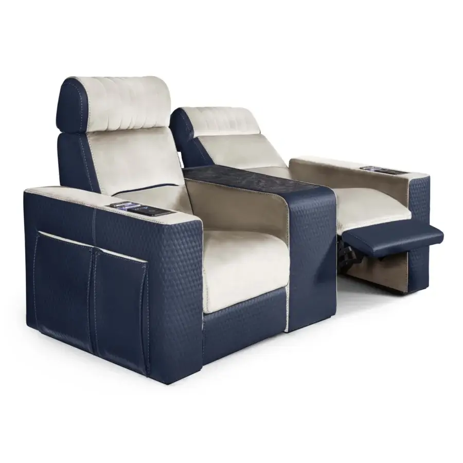Exceptional Formitalia Dustin home cinema seating upholstered in light cream textile with navy blue diamond-patterned synthetic material and lacquered base