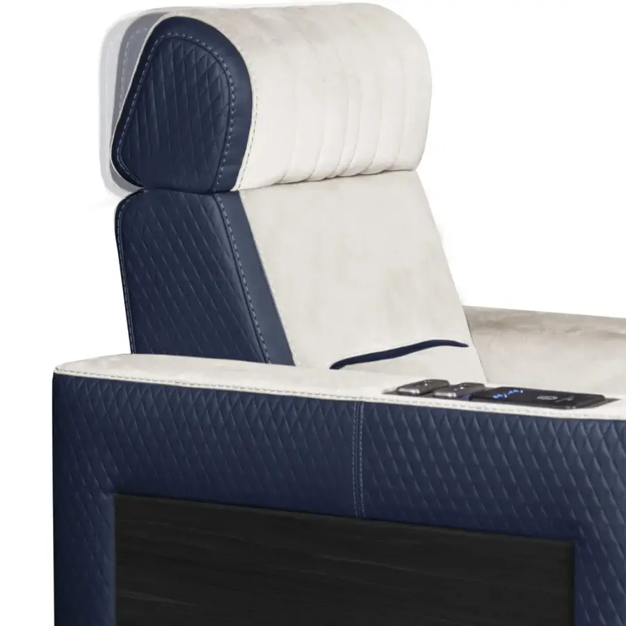 Captivating Formitalia Dustin home cinema seating upholstered in light textile with quilted dark blue accents and lacquered wood veneer base