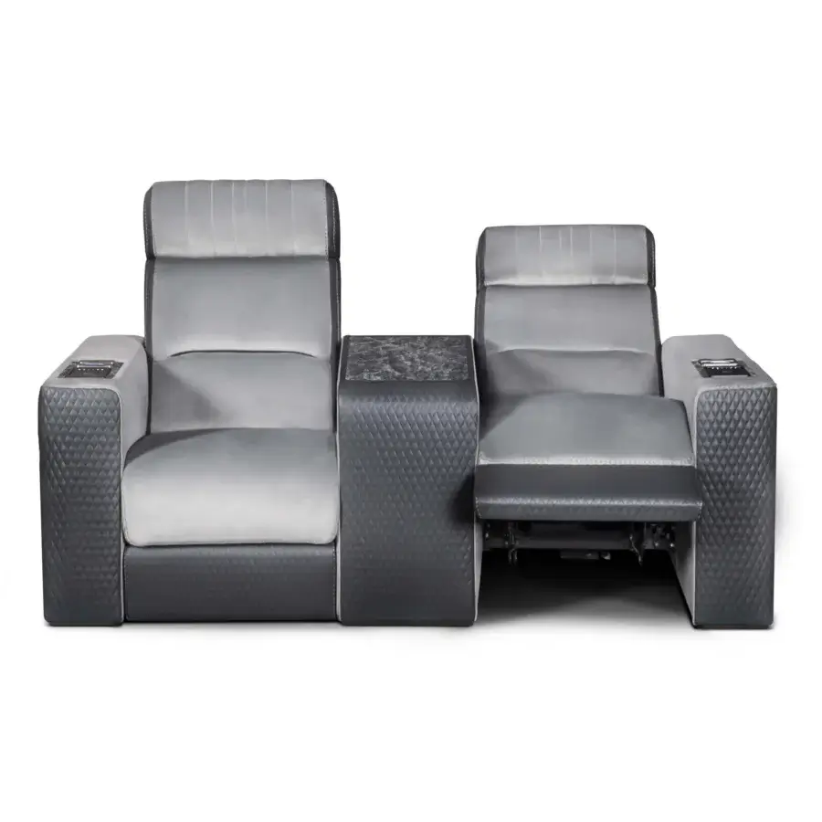 Superior Formitalia Dustin home cinema seating upholstered in smooth gray textile with darker gray detailing and lacquered wood veneer base