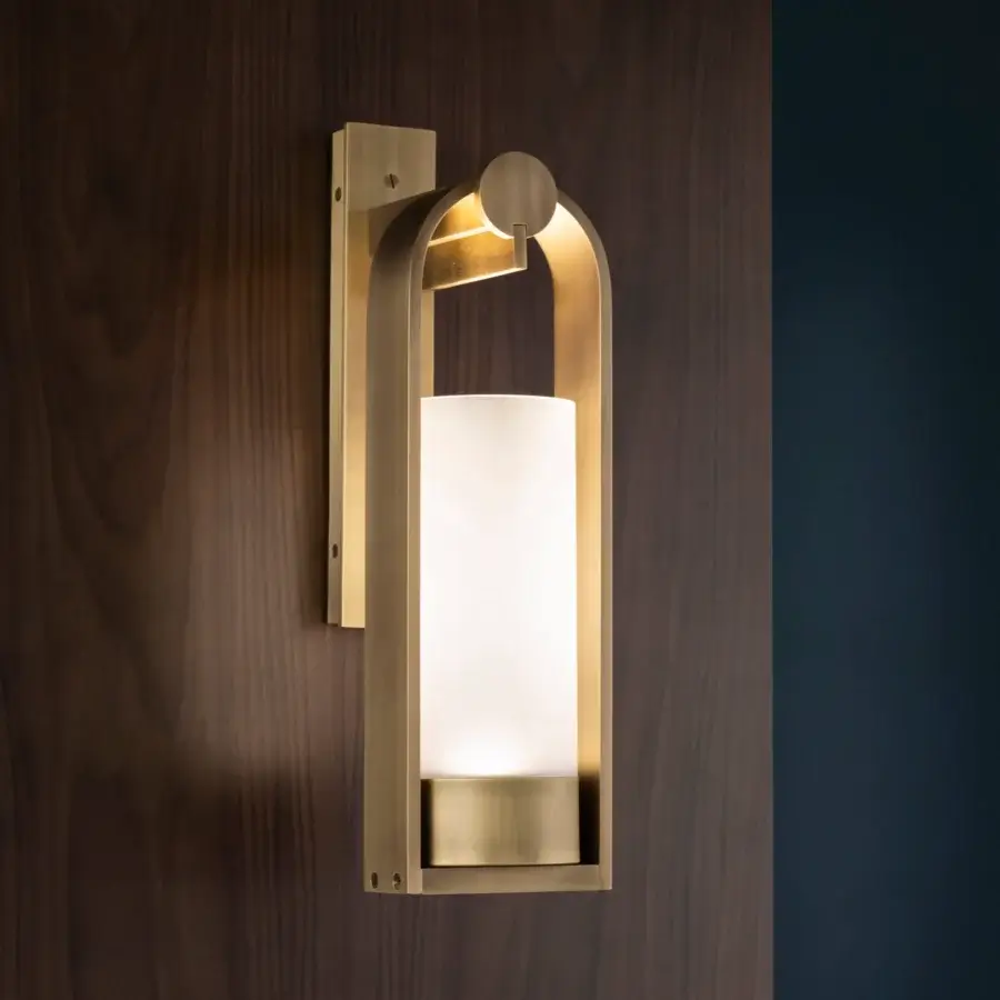 Distinguished Bellavista Agata wall lamp crafted in brass with a matt white glass diffuser and satin finish