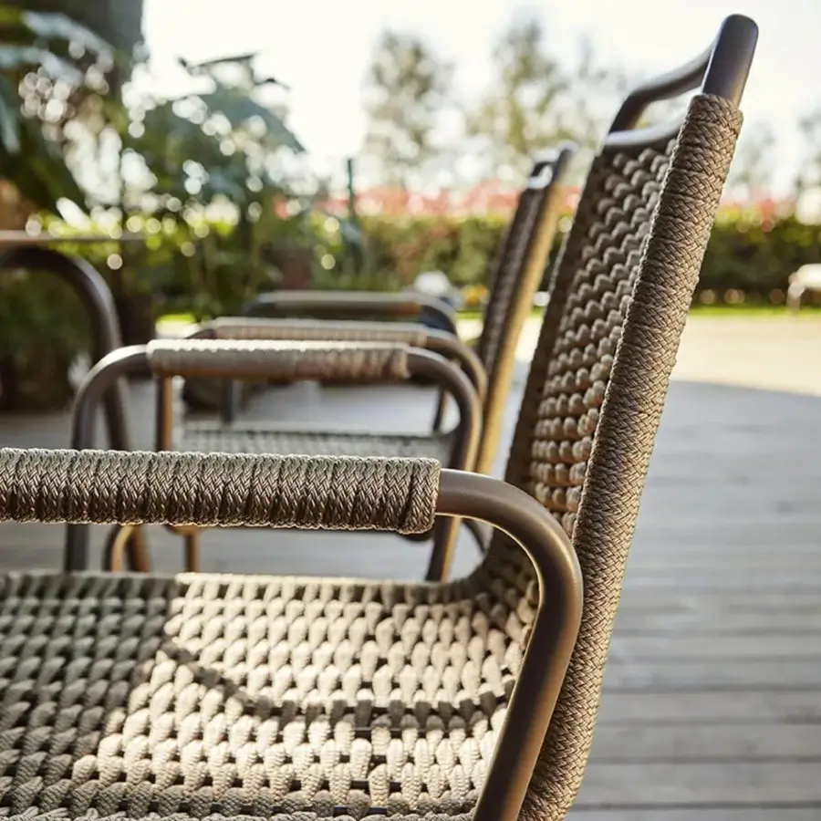 Exclusive Roberti Portofino armchair with aluminium frame woven in nautic rope and matte bronze tones crafted in Italy
