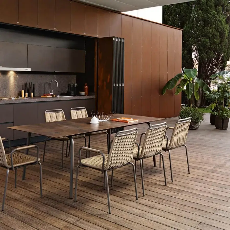 Distinguished Roberti Rattan Portofino armchair with light beige woven nautic rope and matte gray powder coated aluminum frame