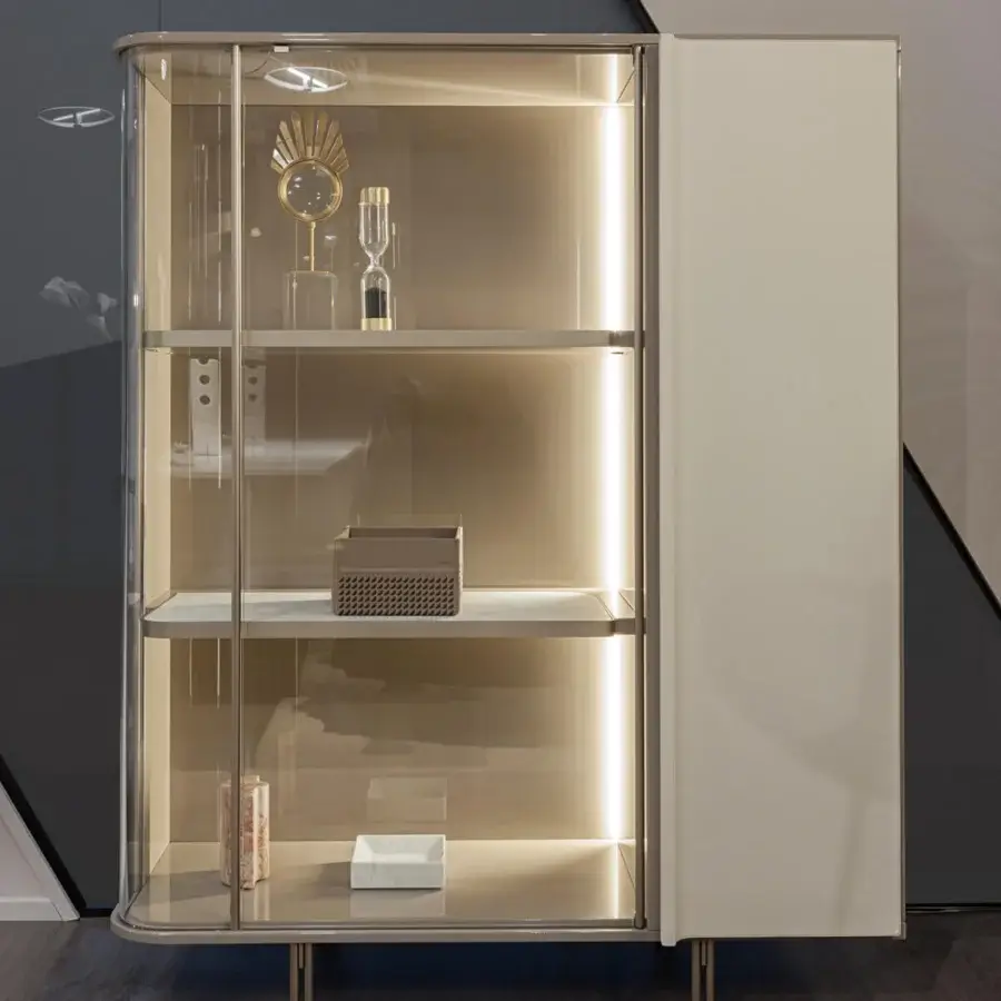 Architectural Turri Zero cupboard with glass door revealing wooden shelves edged in metal, finished in matte light beige or grey