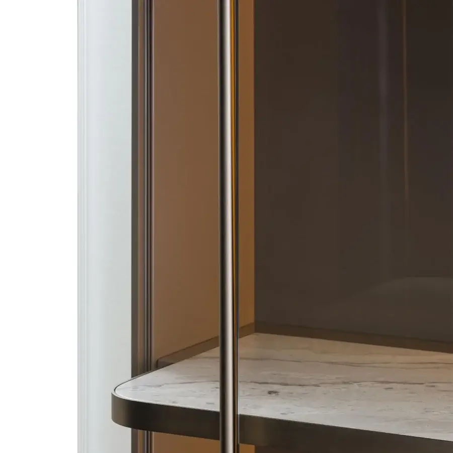 Architectural Turri Zero cupboard with bronze metal, glass door revealing marble shelves and leather-clad storage with internal illumination