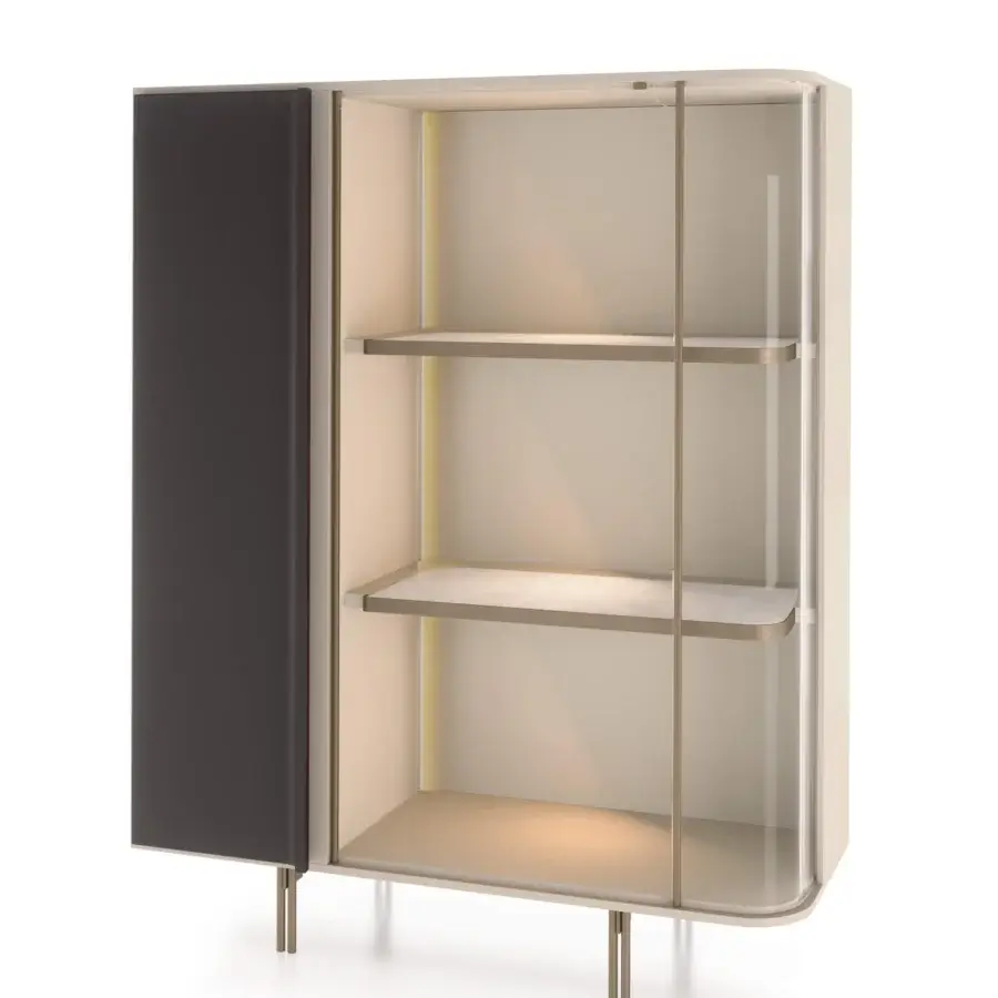 Distinguished Turri Zero cupboard with light beige wood, dark gray leather, metal edging, plus integrated illumination