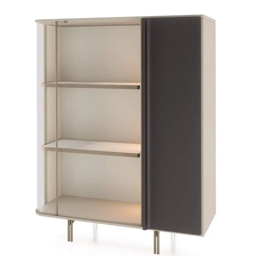 Elegant Turri Zero cupboard with light beige and dark gray leather, open wooden plus stone shelves crafted in metal