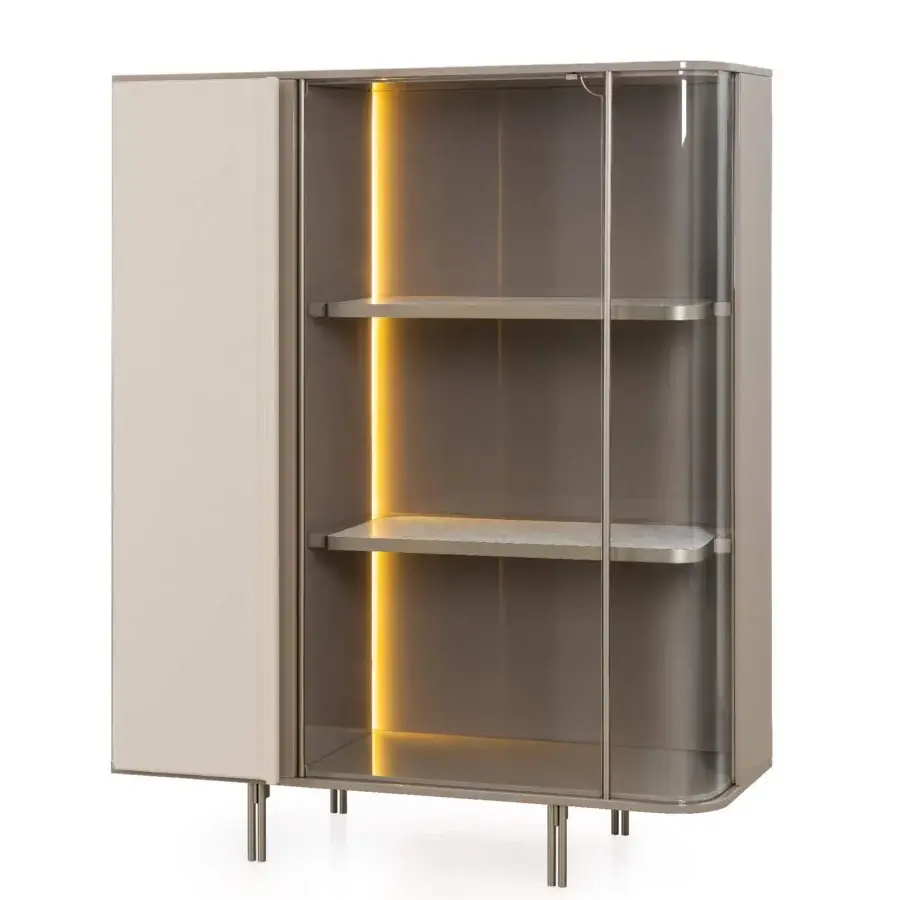 Architectural Turri Zero cupboard with light beige finish, glass and metal shelves, plus dark gray leather detailing