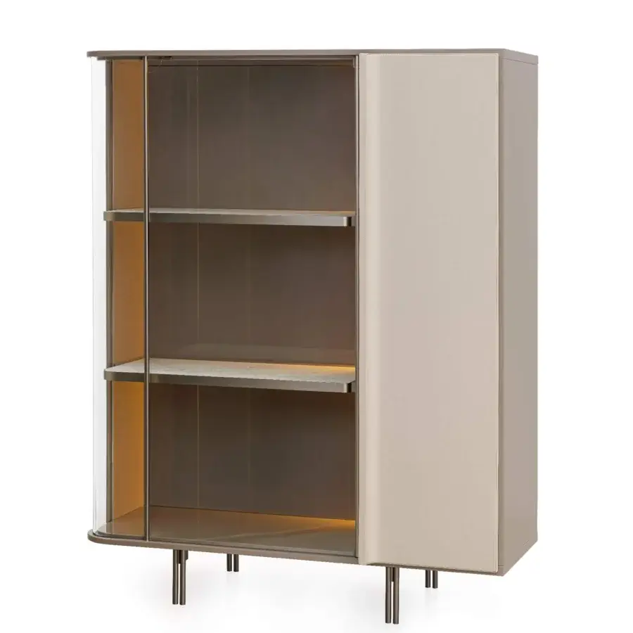Distinguished Turri Zero cupboard with dark brown glass, light beige finish and metal-edged wooden shelves built in Italy