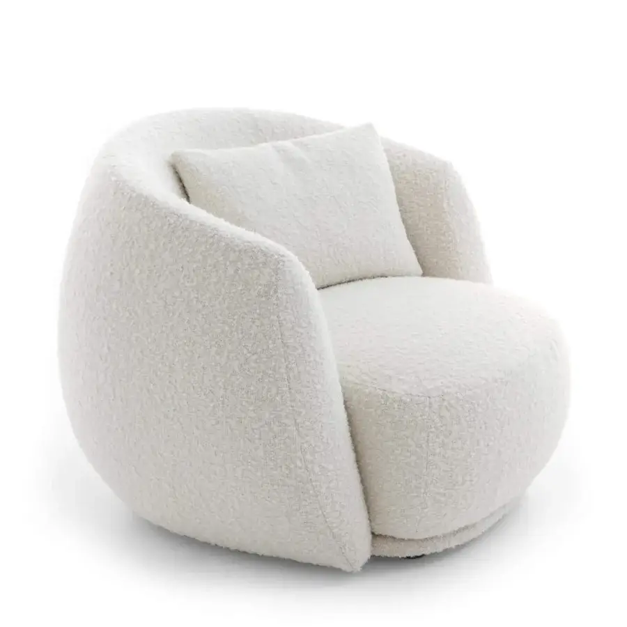 Lavish Moroso Pacific lounge chair with rounded oversized silhouette upholstered in creamy white textured textile and steel frame