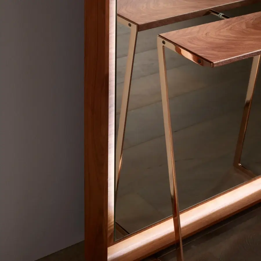 Exclusive Bellavista Bramante mirror with a glossy walnut frame and integrated perimeter LED lighting with a metal console