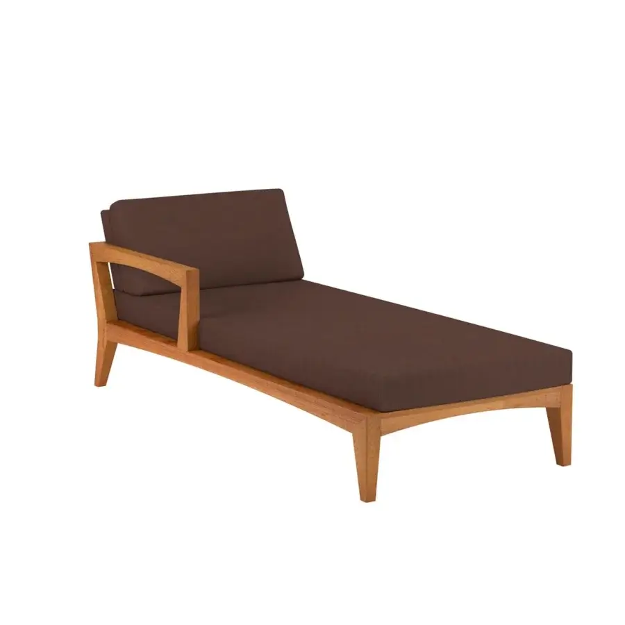Sophisticated Royal Botania Zenhit lounger with teak wood structure and plush brown textile cushions embodies contemporary style