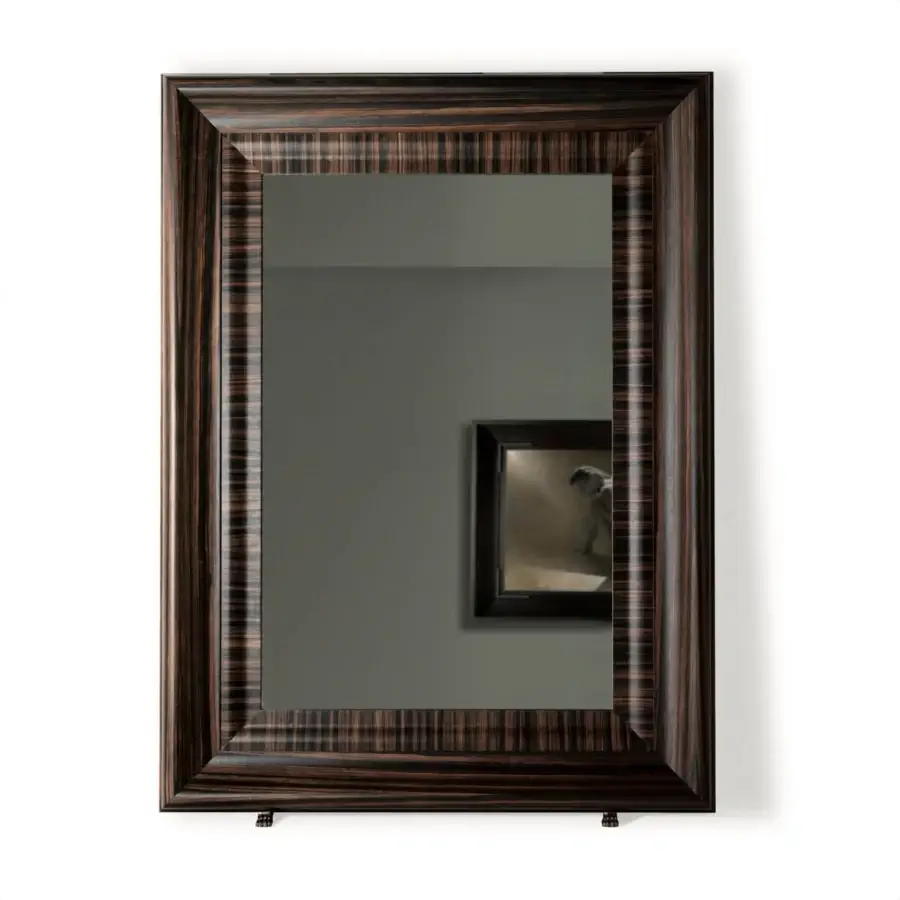 Distinguished Bellavista Jasmine mirror with a dark brown and black striped solid walnut and toulipier wood frame in satin finish
