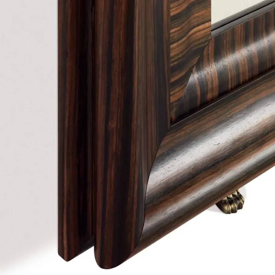 Meticulous Bellavista Jasmine mirror crafted in solid walnut and toulipier wood veneer with a dark brown finish exhibiting pronounced grain