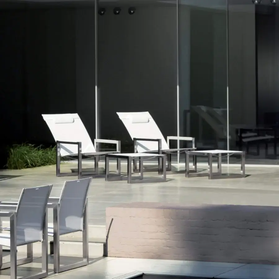 Distinguished Royal Botania Ninix lounge chair with light gray Batyline seat and matte stainless steel frame