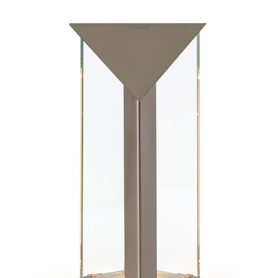 Captivating Turri Zero table lamp with geometric form and balanced proportions in bronze satin metal with clear glass panels