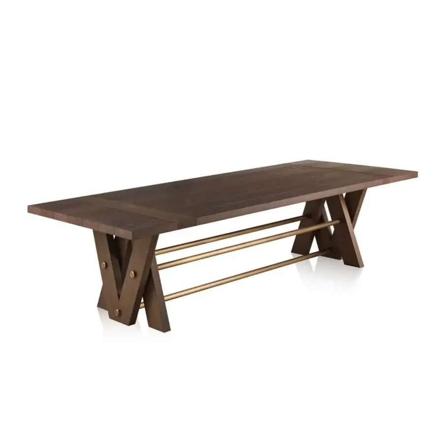 Superior Bellavista double V table with Italian poplar and oak veneer in dark brown stain and decorative brass rods